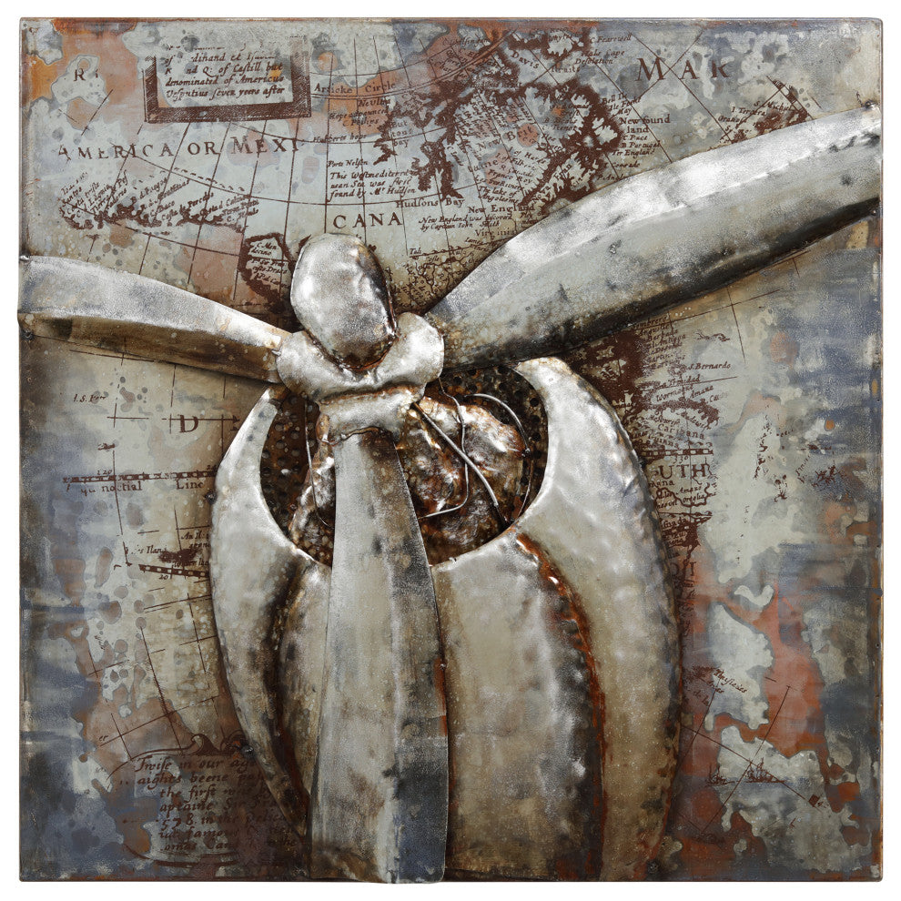 "Retro Airplane 1" Primo Mixed Media Hand Painted Iron Wall Sculpture, 32"x32"