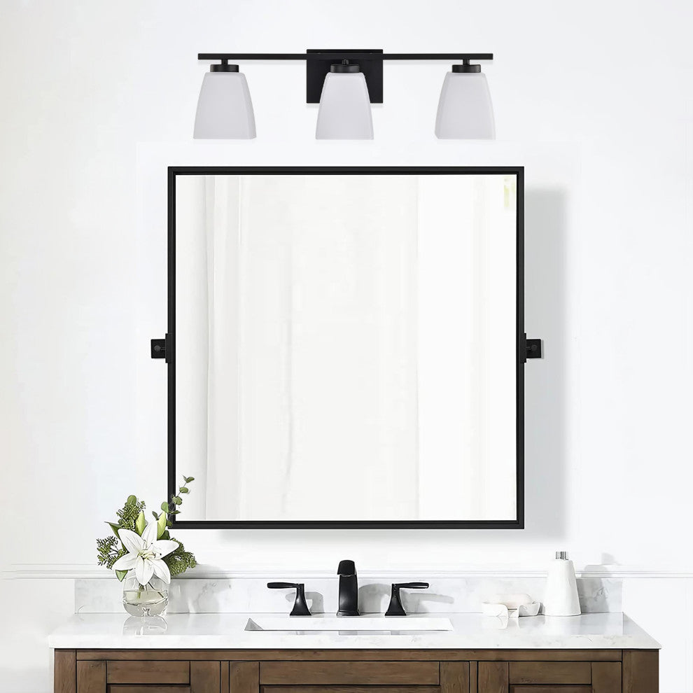 22 in. 3-Light Matte Black Vanity Light With Square Etched White Glass Shades