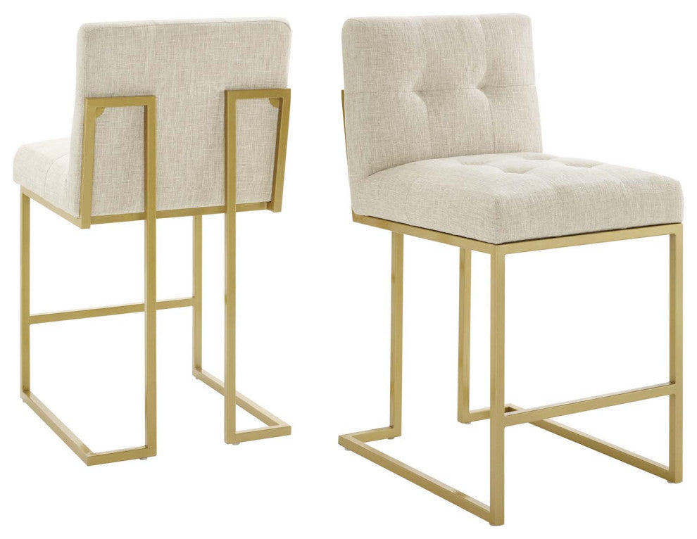 Counter Stool Chair, Set of 2, Fabric, Metal, Gold Beige, Modern, Bar Pub Bistro
