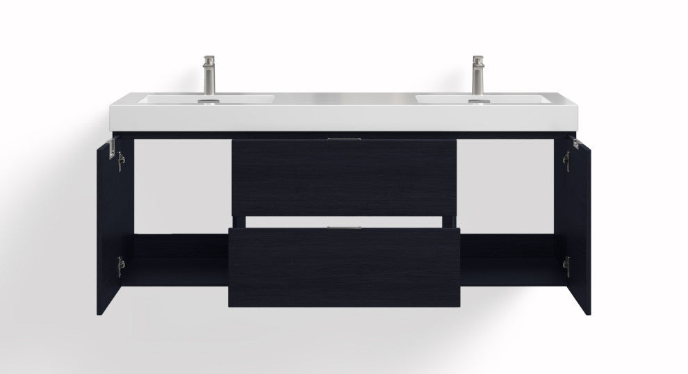 Boutique Bath Vanity, Black, 60", Double Sink, Wall Mount