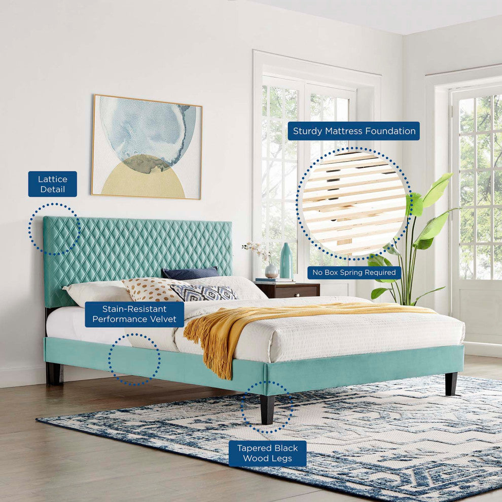 Platform Bed Frame, King Size, Blue, Velvet, Modern, Bedroom Master Guest Suite