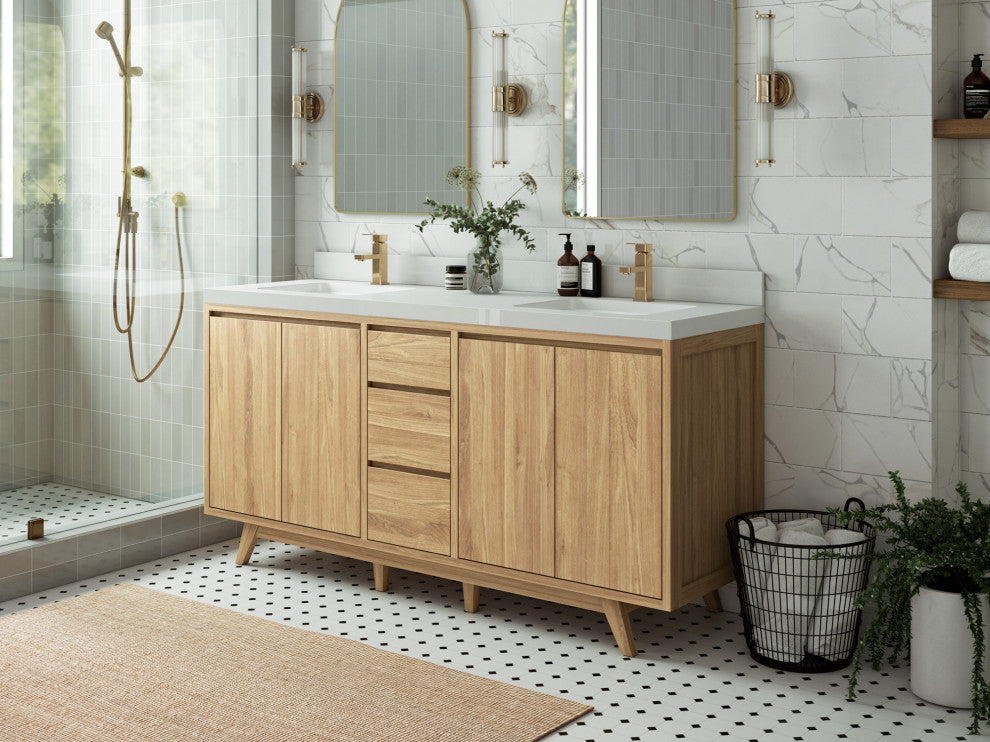 Madison Teak 72 Double Sink Bath Vanity in Light Natural 2" Carrara Marble