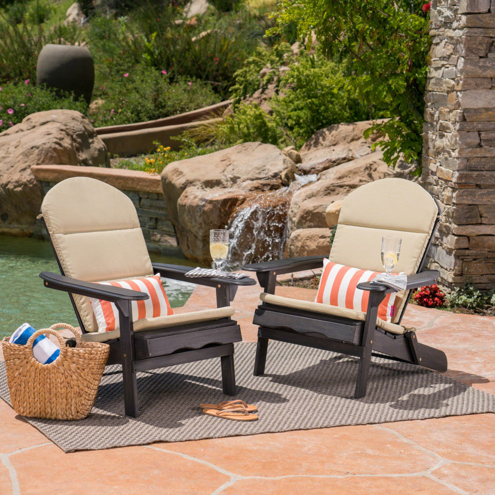 Outdoor Acacia Wood Folding Adirondack Chairs, Cushions, Set of 2, Dark Gray/Khaki