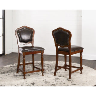 Upholstered Barstools With Backs, Distressed Cherry Brown Wood, Set of 2