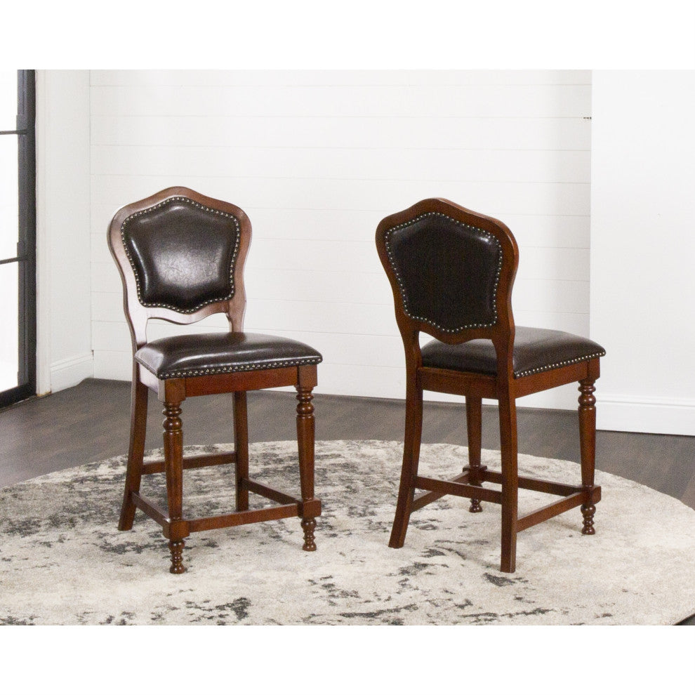 Upholstered Barstools With Backs, Distressed Cherry Brown Wood, Set of 2