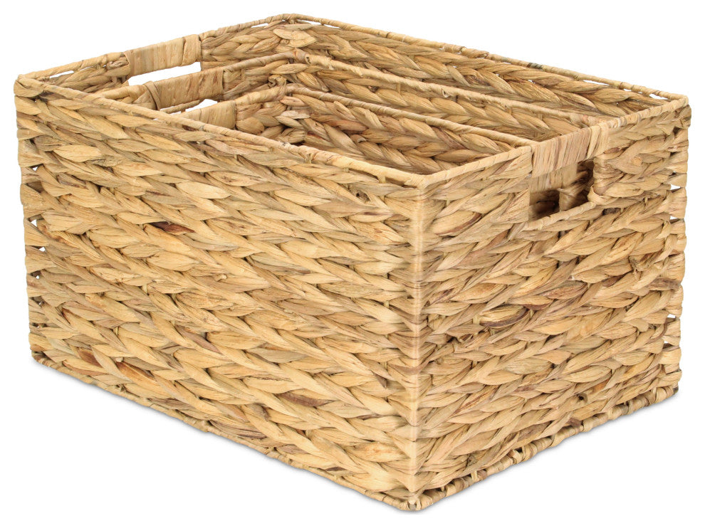 3-Piece Rectangular Water Hyacinth Basket With Round Edge