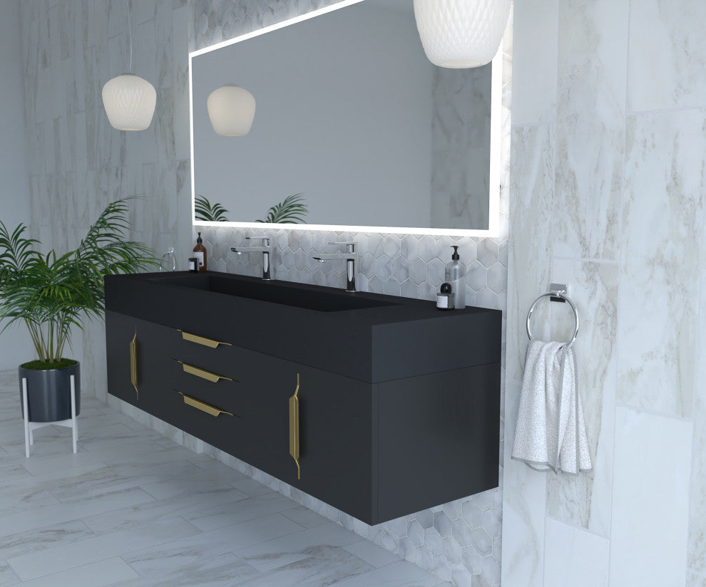 CastelloUSA Nile 72" Wall Mounted Bathroom Vanity Set, Black, Black Top, Gold Handles