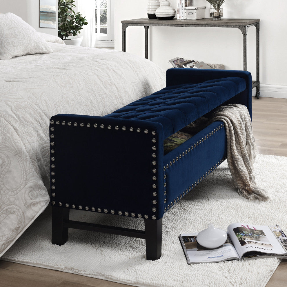 Grace Velvet Button Tufted With Silver Nailhead Trim Storage Bench, Navy
