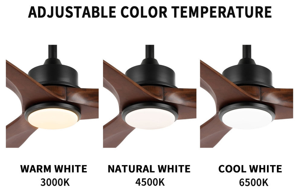 52" Solid Wood 3-Blade LED Ceiling Fan with Remote Control and Light Kit, Black/Walnut