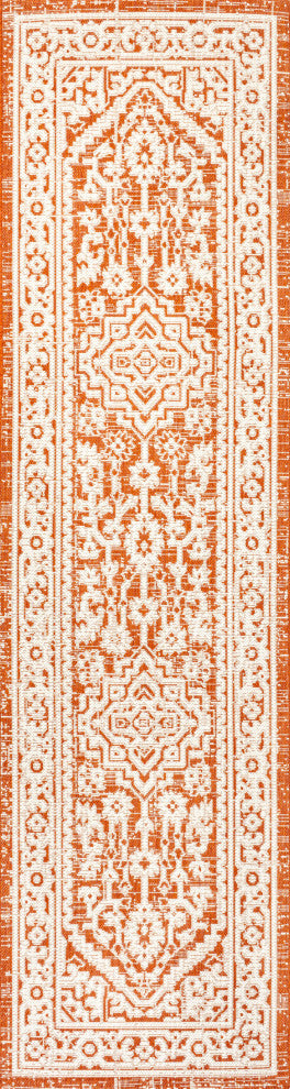 Sinjuri Medallion Textured Weave Indoor/Outdoor, Orange/Cream, 2x10