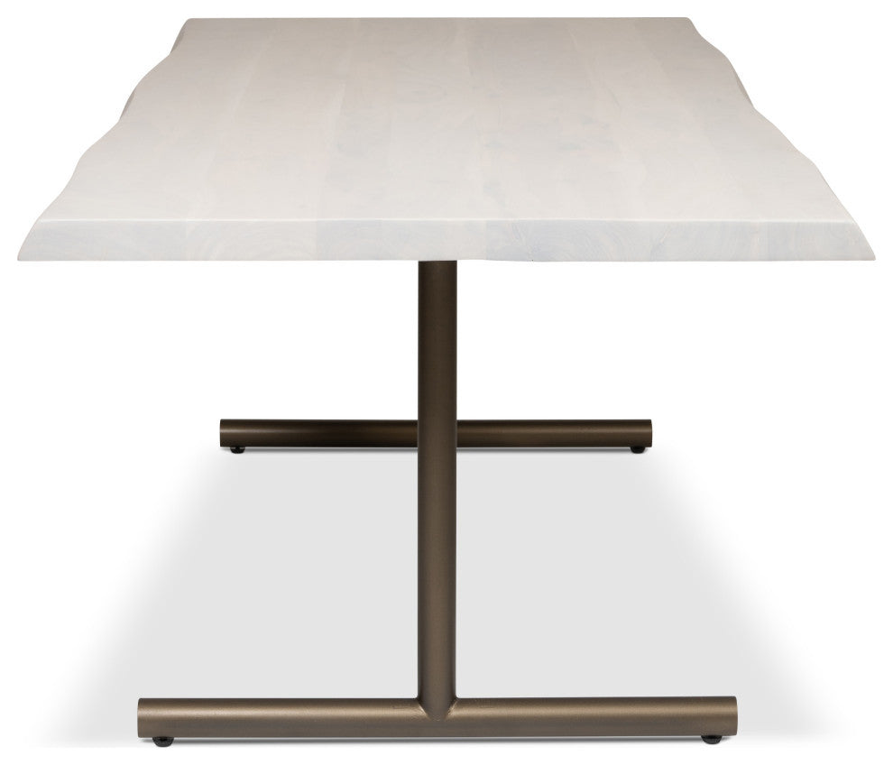 Brooks Dining Table, T Base, 40"x92", White Wash Top, Brass Base