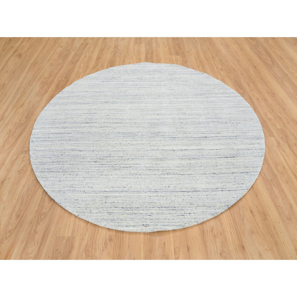 Ivory Pure Wool Hand Loomed Plain Modern Striped Design Round Rug, 7'10"x7'10"