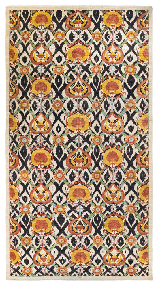 Suzani, One-of-a-Kind Hand-Knotted Area Rug Ivory, 9'7"x18'10"