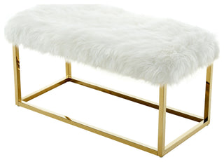 Astraea Faux Fur Metal Frame Ottoman Bench, White/Gold