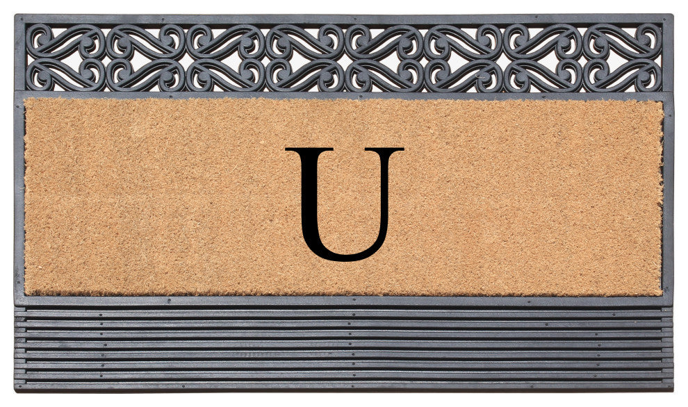 Rosewood Black/Beige 24"x36" Rubber And Coir Monogrammed Doormat, U