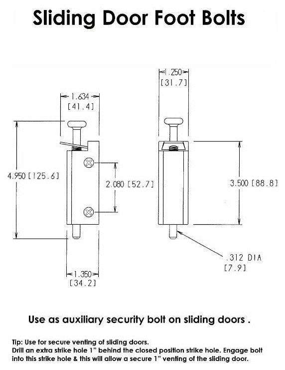 FPL Sliding Door Lock Security Foot Bolt, Satin Chrome