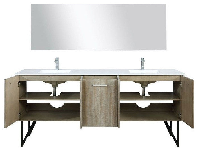 Lancy Modern 80" Rustic Acacia Double Sink Bathroom Vanity Set, Labaro Rose Gold