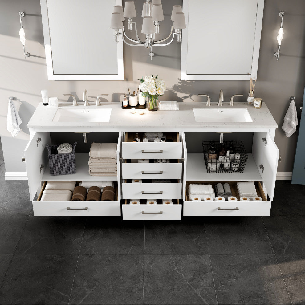 Aberdeen 84" White Double Sink, Quartz Top