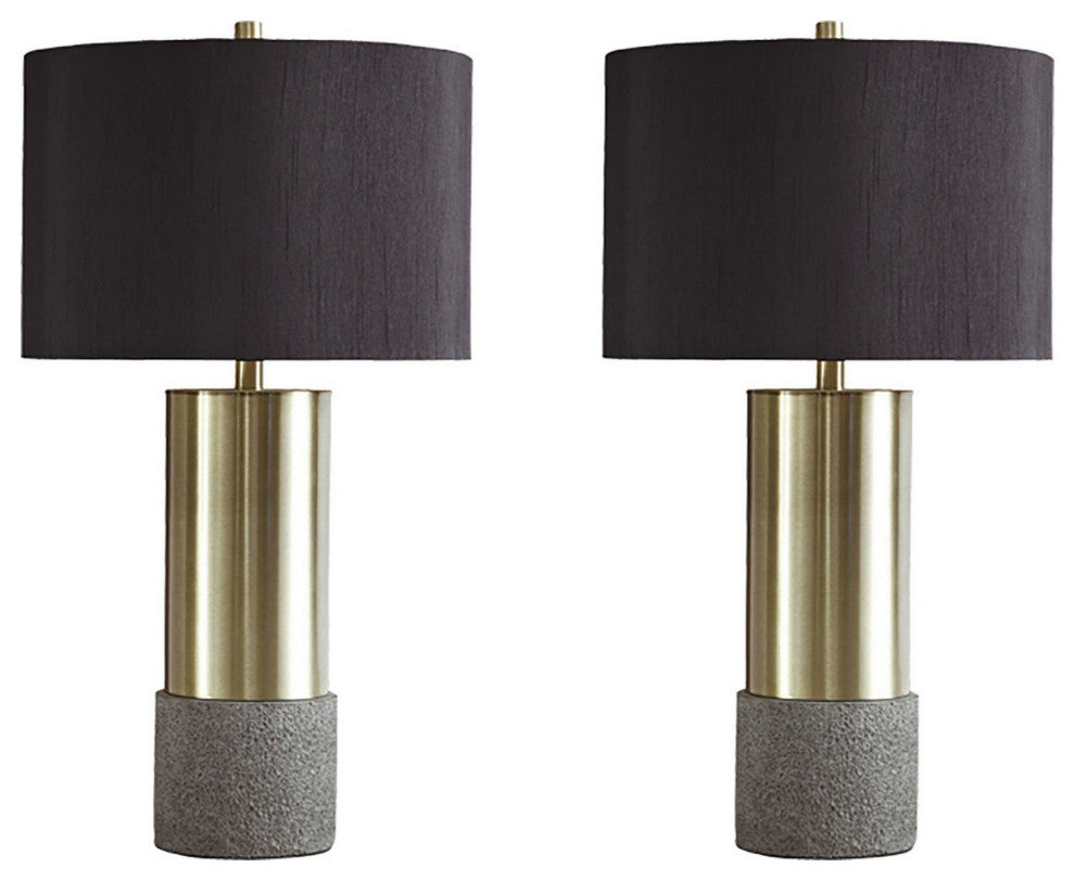 Benzara BM230945 Faux Concrete and Metal Base Table Lamp, Set of 2, Brass & Gray