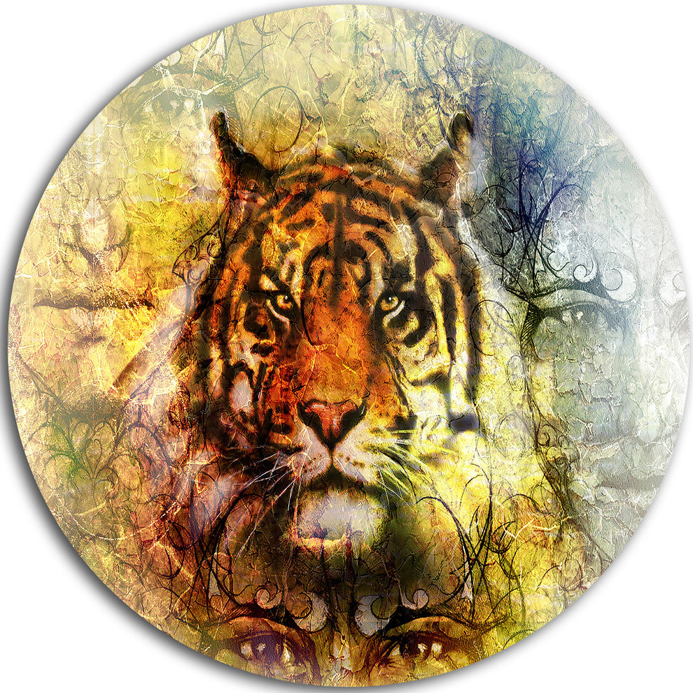 Mighty Tiger With Mystic Face, Digital Art Animal Round Wall Art, 23"