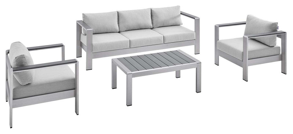Shore Sunbrella Fabric Outdoor Patio Aluminum 4 Piece Set Silver Gray