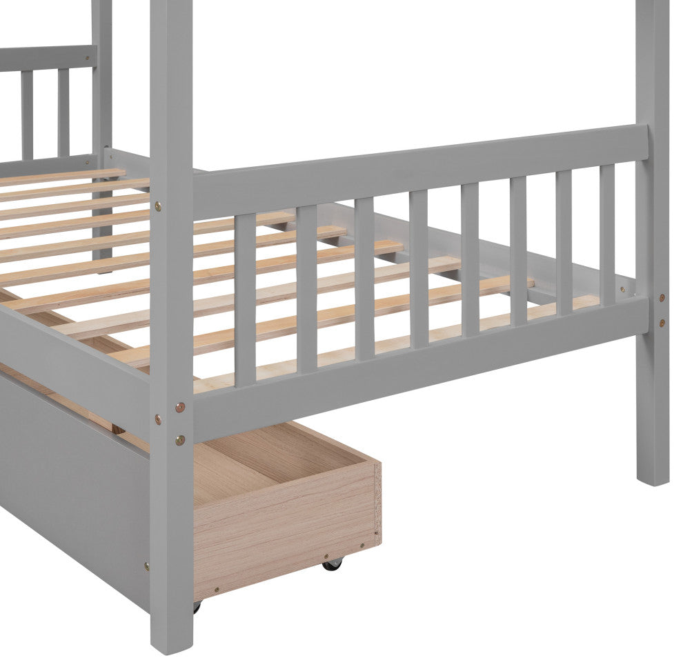 Gewnee Twin Size Wooden House Bed with Drawers, Gray