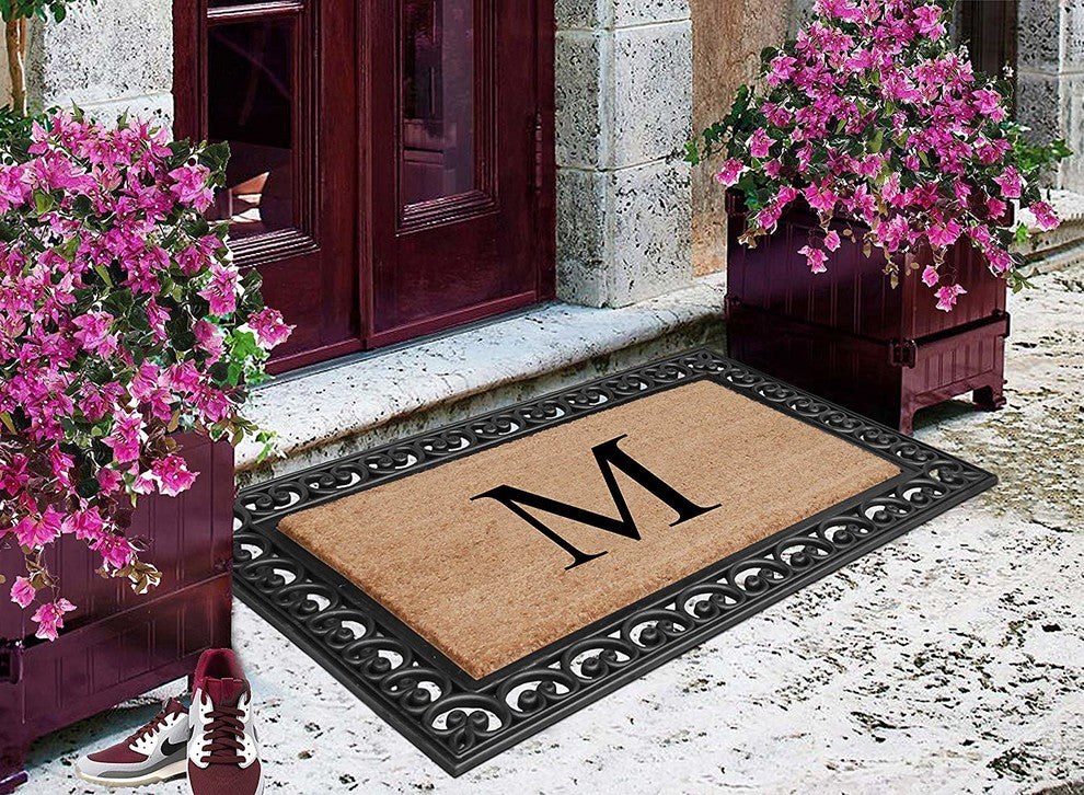 A1HC Black Rubber and Coir Paisley Border Monogrammed Double Doormat, 30"X48", M