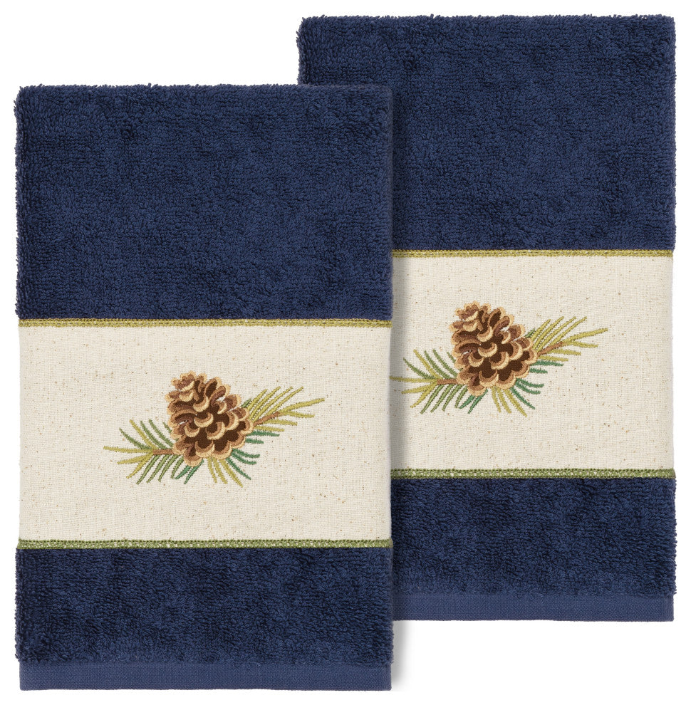Linum Home Turkish Cotton Pierre 2-Piece Hand Towel Set, Midnight Blue