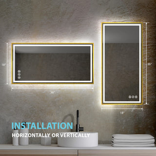 Fogless, Dimmable, Color Temperature Adjustable LED Mirror, Brush Gold, 18x36