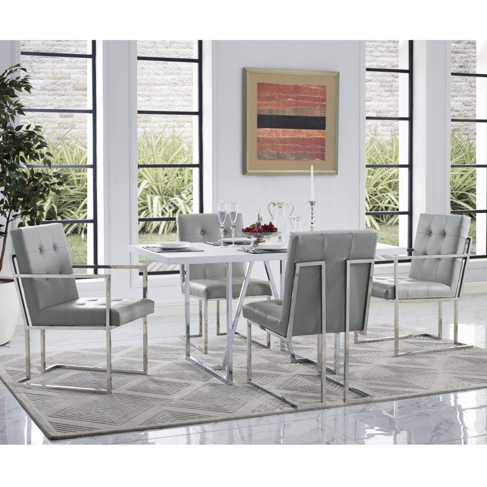 Phoebe Tufted Dining Chairs With Square Arms, Set of 2, Light Grey Pu Leather