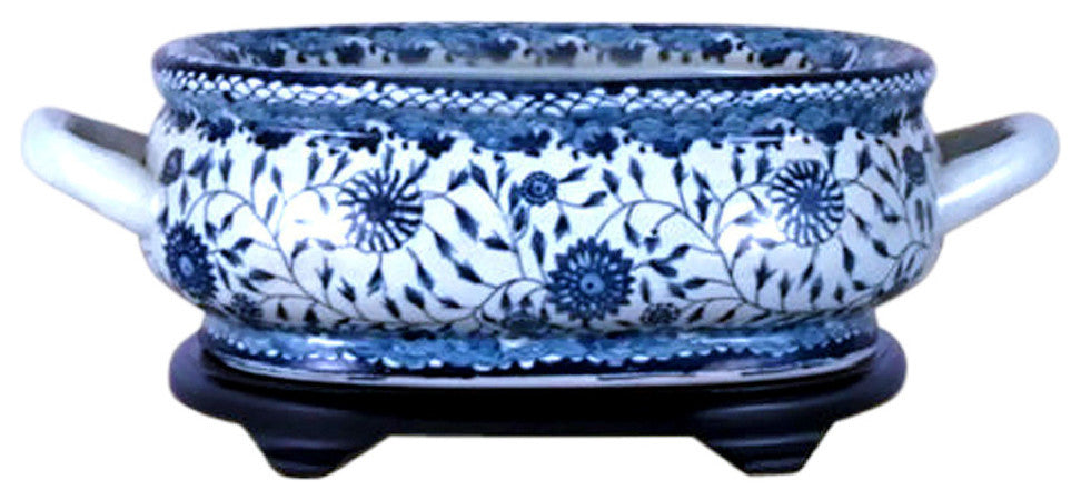 Unique Blue and White Porcelain Foot Bath Basin Chinese Floral Motif With Base
