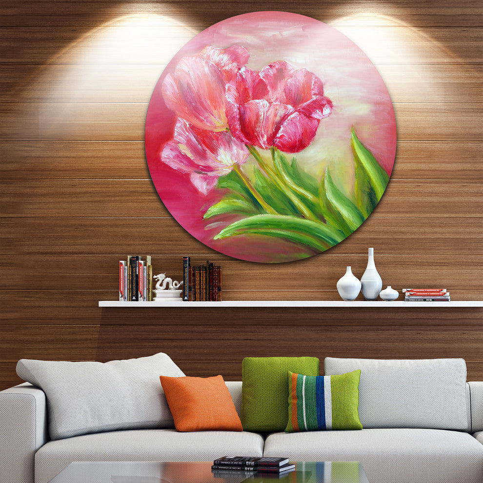 Red Tulips In Red Background, Floral Round Metal Wall Art, 36"