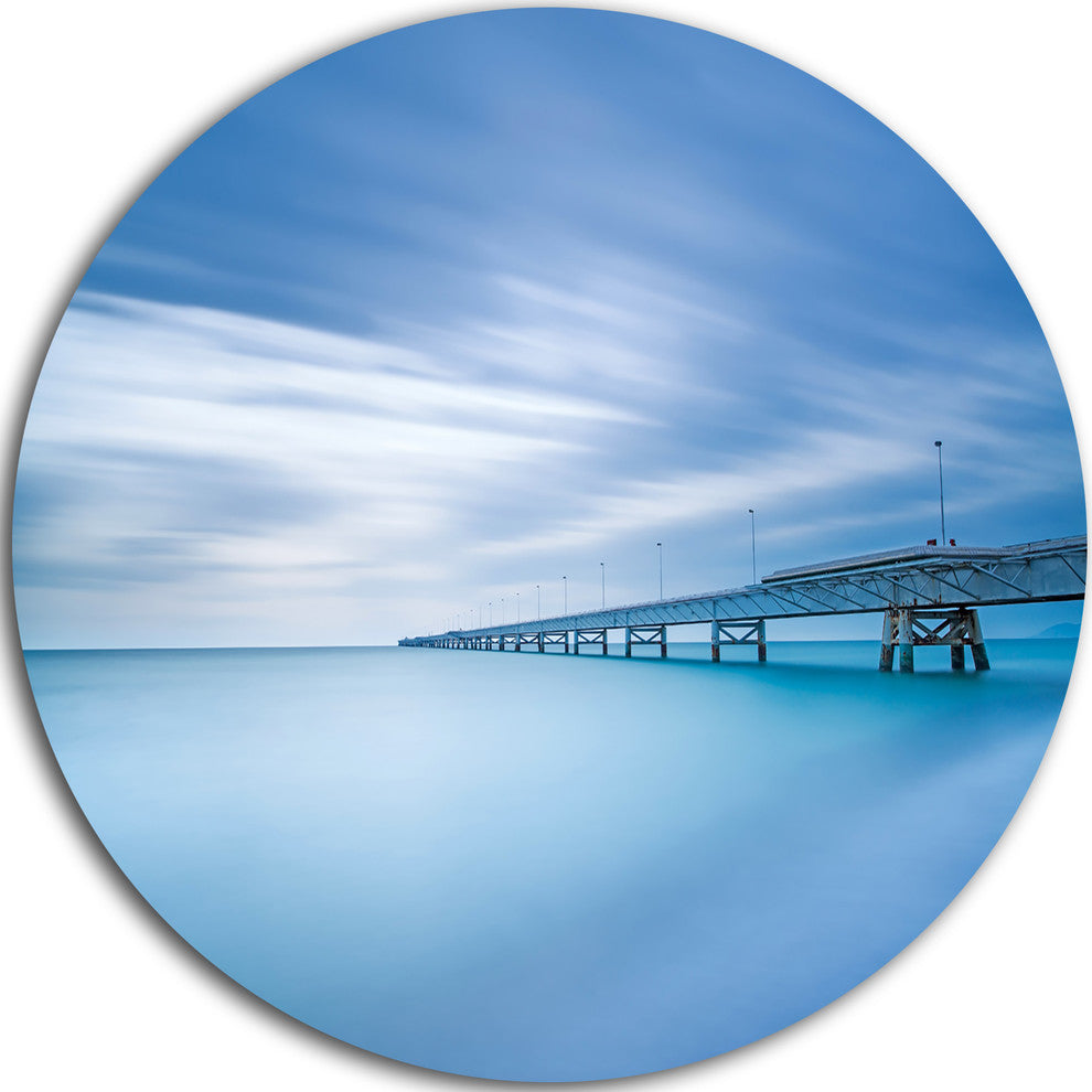 Industrial Pier In The Sea, Seascape Photo Round Metal Wall Art, 23"