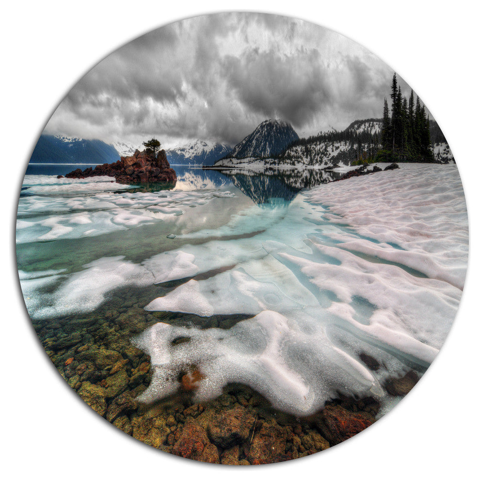 Frozen Mountain Lake Shore, Landscape Wall Round Wall Art, 36"