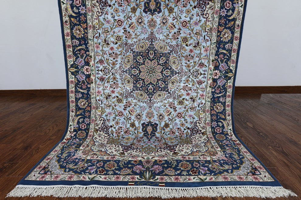 Super Fine Signed Authentic Persian Isfahan Hand Knotted Silk Area Rug, 5'x8'