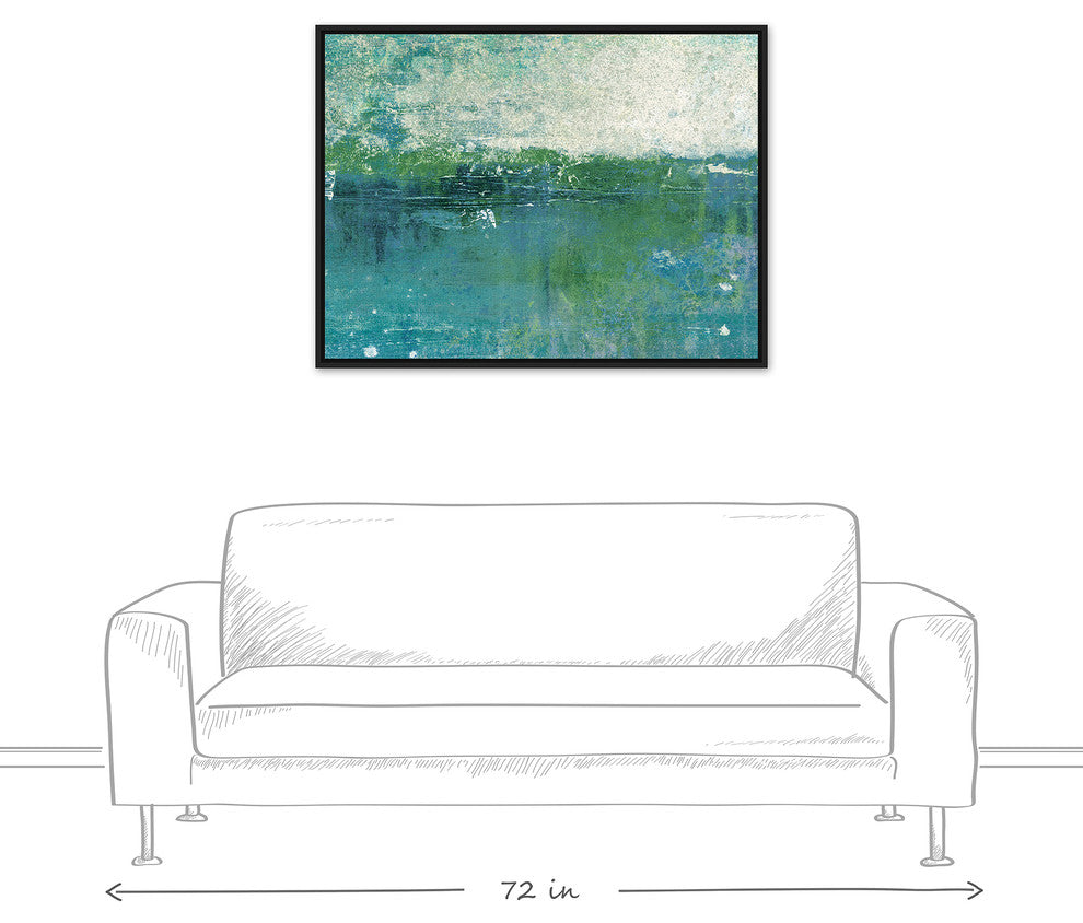 Blue Green Coastal Abstract 30x40 Black Floating Framed Canvas