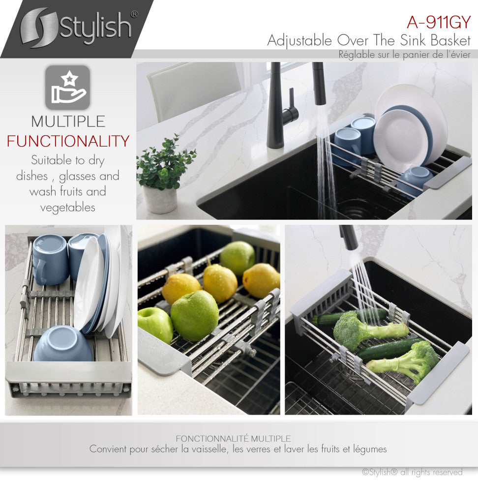 Stylish Adjustable Over the Sink Stainless Steel Dish or Vegetable Drainer