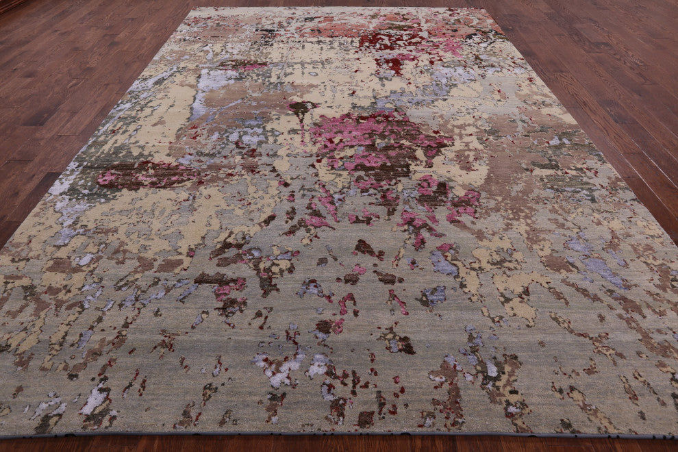 Contemporary Wool and Silk Handmade Abstract Rug 9' 0" X 12' 5" Q6343
