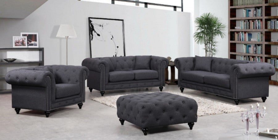 Chesterfield Linen Textured Fabric Upholstered Ottoman, Gray