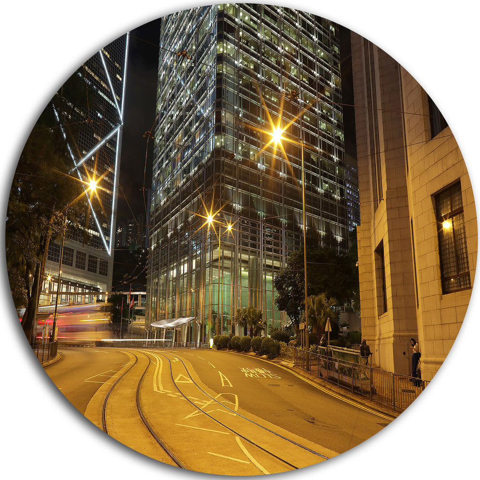 Busy Traffic And City At Night, Cityscape Round Metal Wall Art, 36"