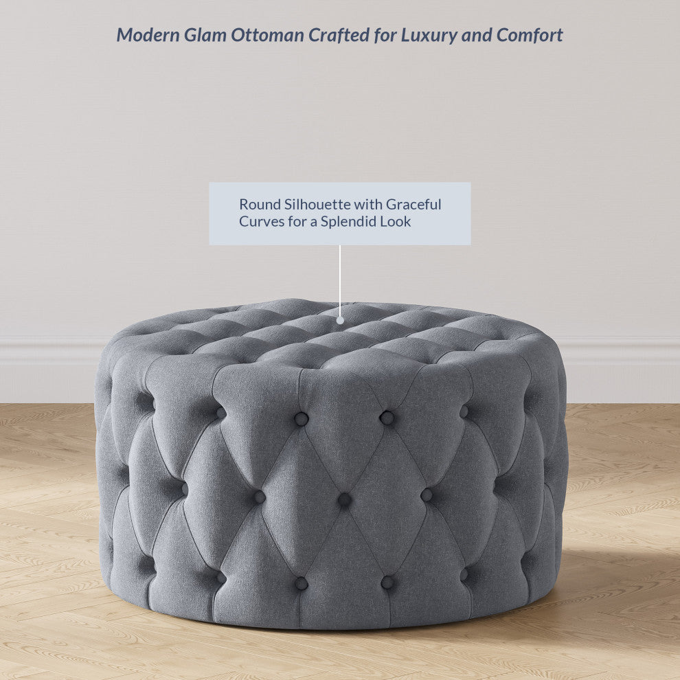 Modern 29 Inch Upholstered Linen Fabric Button Tufted Ottoman Bench, Gray