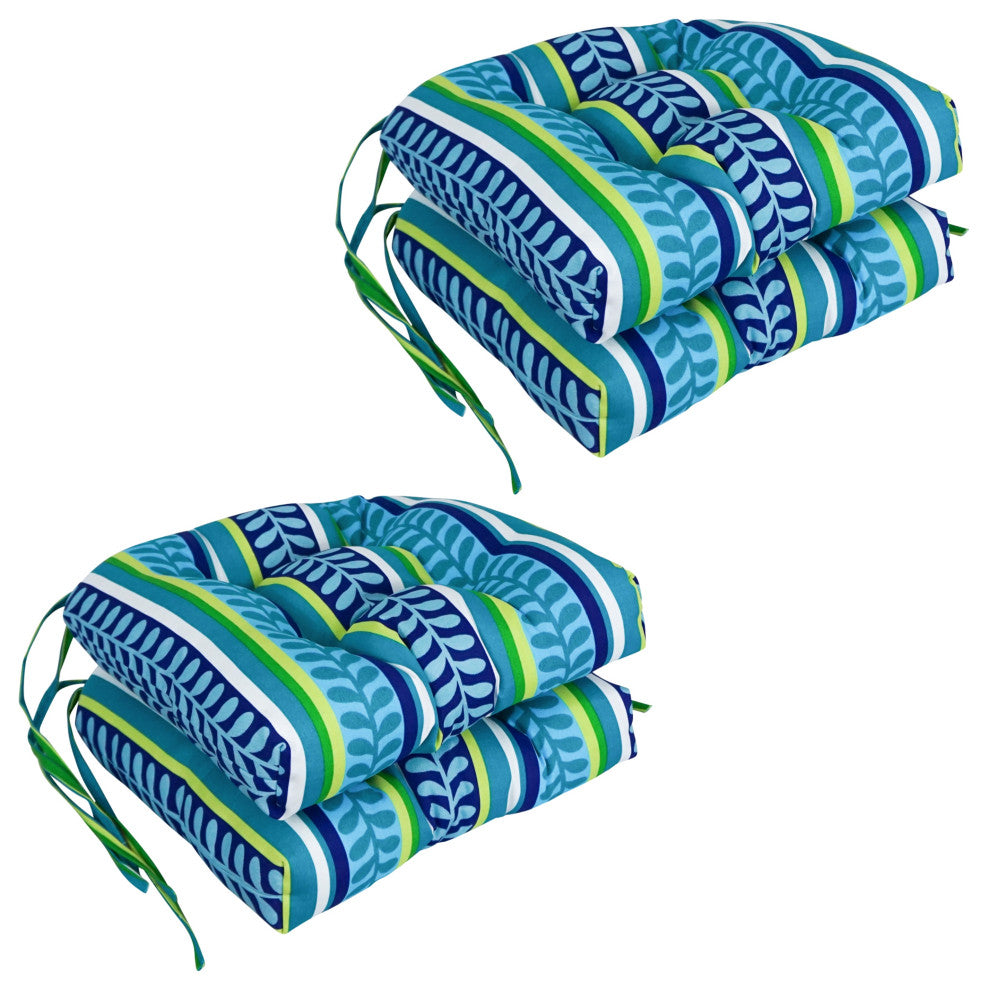16" Patterned Outdoor U-Shaped Tufted Chair Cushions, Set of 4, Pike Azure