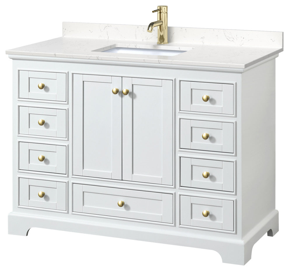 48" Single Bath Vanity White, Carrara Cult. Marble Countertop, Sink, Gold Trim