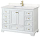 48" Single Bath Vanity White, Carrara Cult. Marble Countertop, Sink, Gold Trim