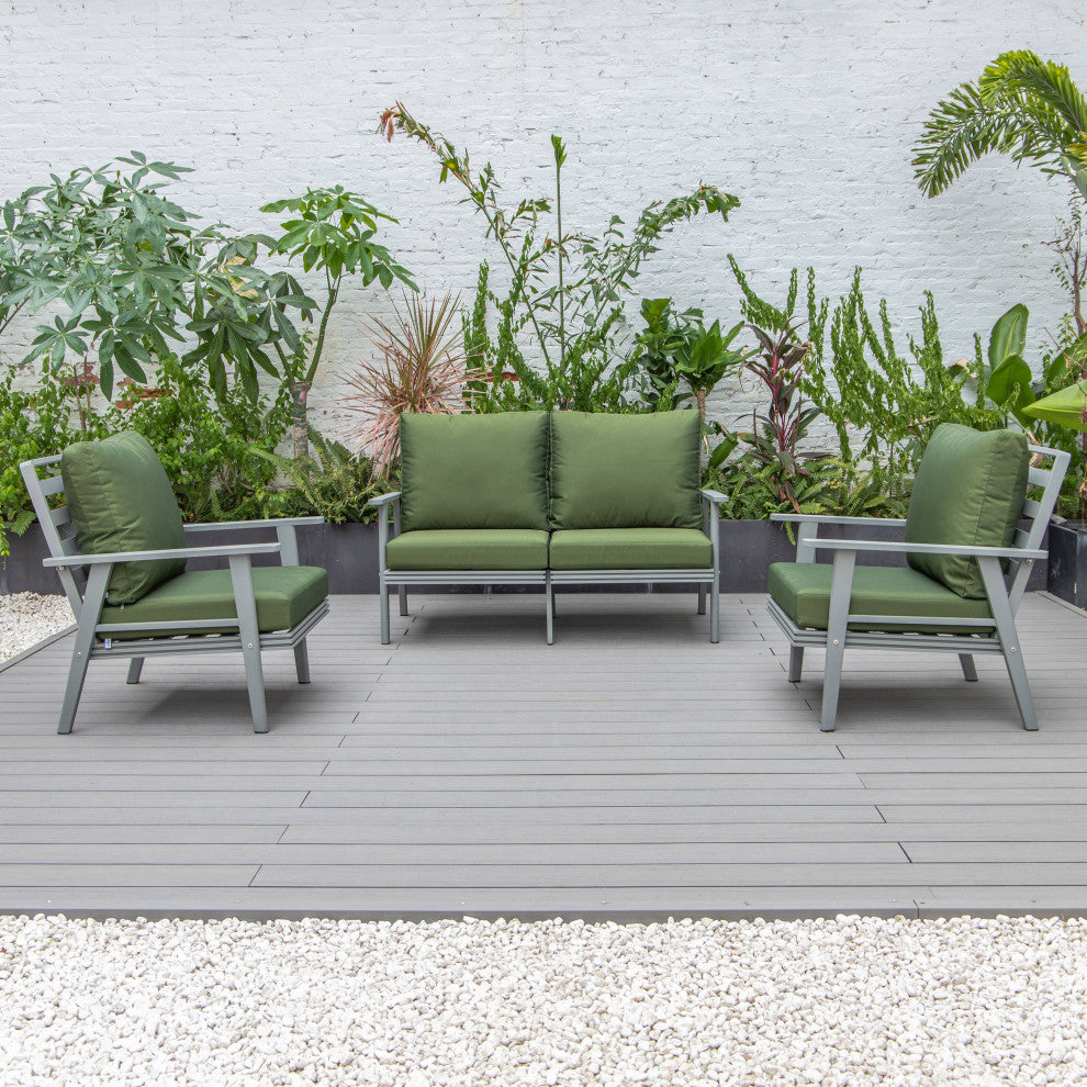 LeisureMod Walbrooke 3-Piece Patio Set With Gray Aluminum Frame and Cushions, Green