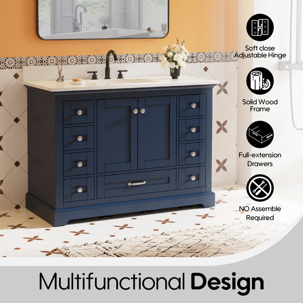 48" Freestanding Bathroom Vanity with White Cultured Marble Top in White