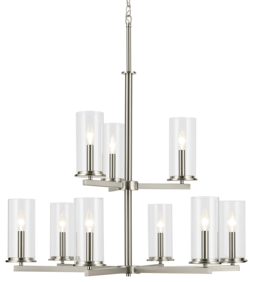 Crosby 32.5" 9-Light 2-Tier Chandelier With Clear Glass, Brushed Nickel