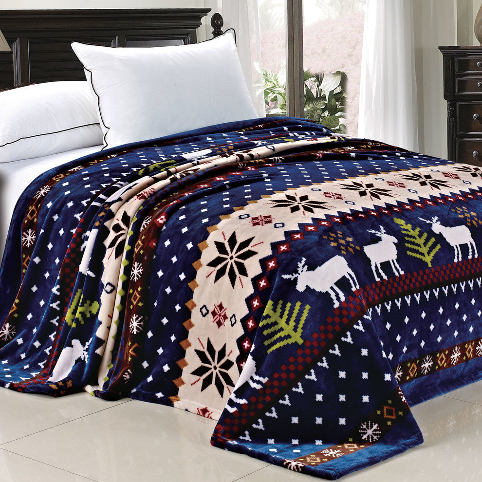 Christmas Deer Flannel Fleece Blanket, Blue Christmas Deer, Twin