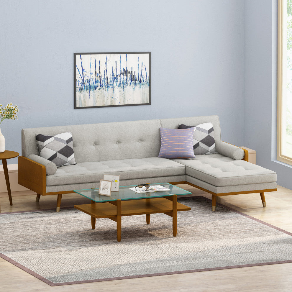 Haddie Fabric Chaise Sectional, Beige and Dark Walnut