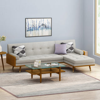 Haddie Fabric Chaise Sectional, Beige and Dark Walnut